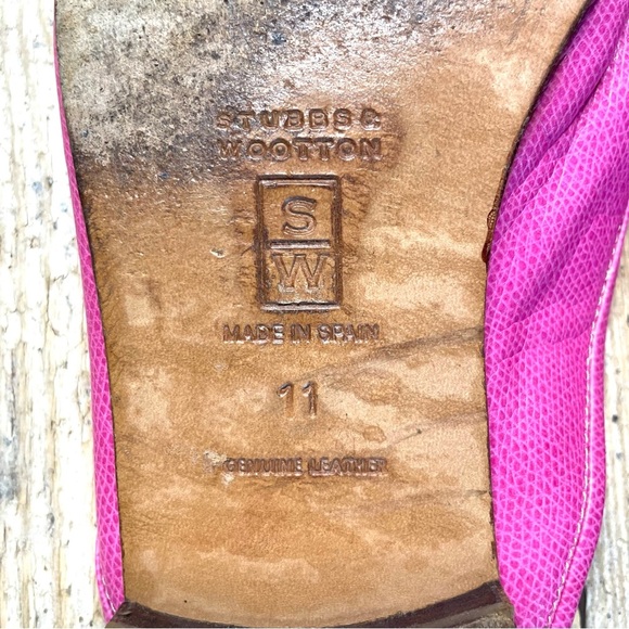 Stubbs & Wootton Pink Leather Mules Size 11 | Gold Accent Slip-On Loafers - Picture 10 of 11